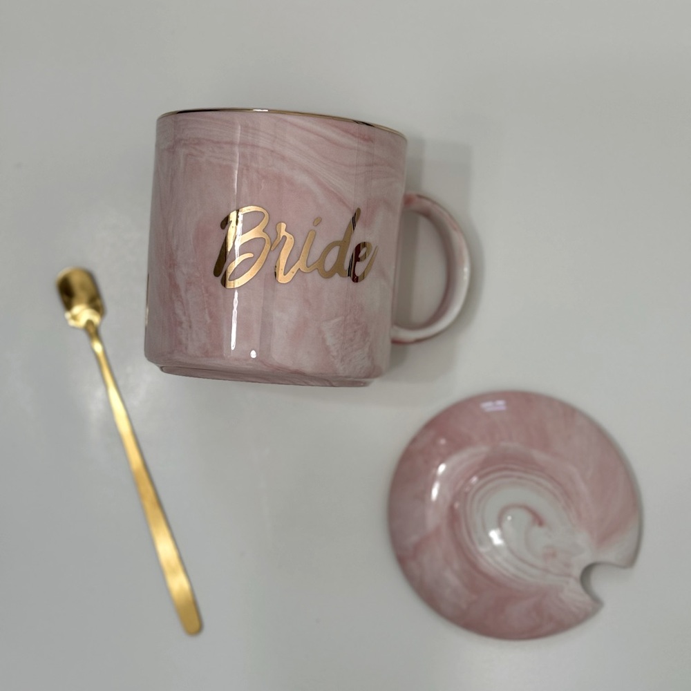 Pink Ceramic Bride Mug with Lid and Stirring Spoon